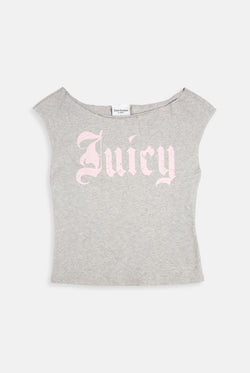 Displays the Silver Marl 'Juicy' branded off the shoulder T-Shirt 