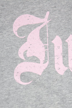 Displays the Silver Marl 'Juicy' branded off the shoulder T-Shirt featuring the juicy branding 