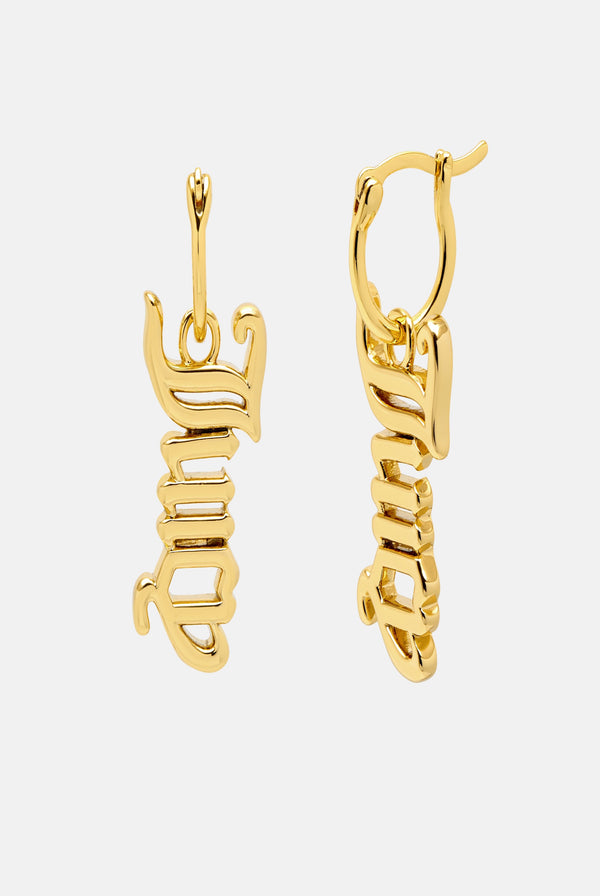 Displays the Gold 'Juicy' branded juicy drop earrings 