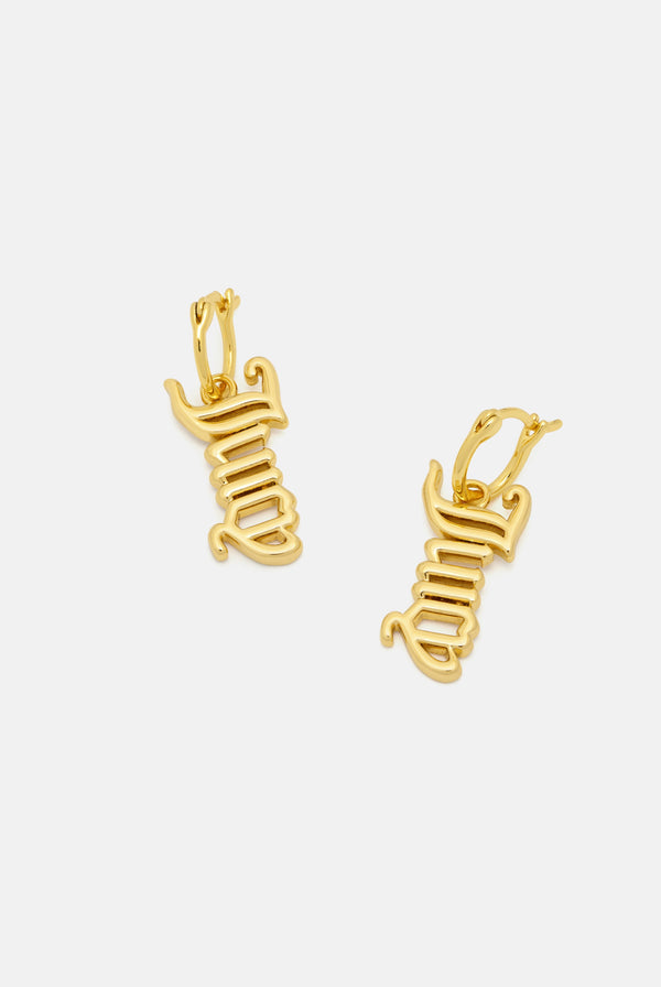 Displays the Gold 'Juicy' branded juicy drop earrings 