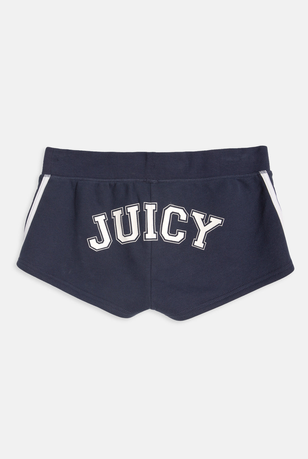 Displays the Mood Indigo 'Juicy' branded fleece booty shorts featuring the juicy branding