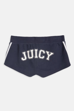 Displays the Mood Indigo 'Juicy' branded fleece booty shorts featuring the juicy branding
