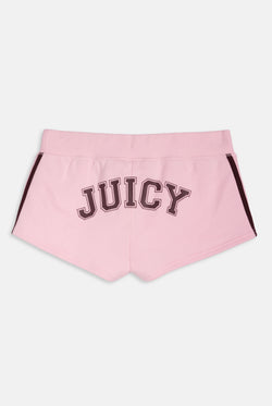 Displays the Cherry Blossom 'Juicy' branded fleece booty shorts 