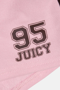 Displays the Cherry Blossom 'Juicy' branded fleece booty shorts featuring the 95 juicy logo