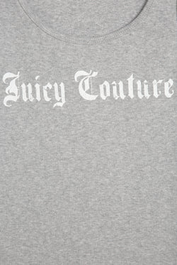 Displays the Silver Marl 'Juicy' branded longline ribbed vest featuring the juicy couture branding 