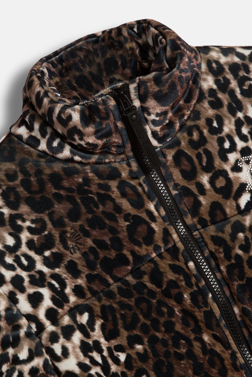 Displays the leopard print velour 'Juicy' branded puffa jacket