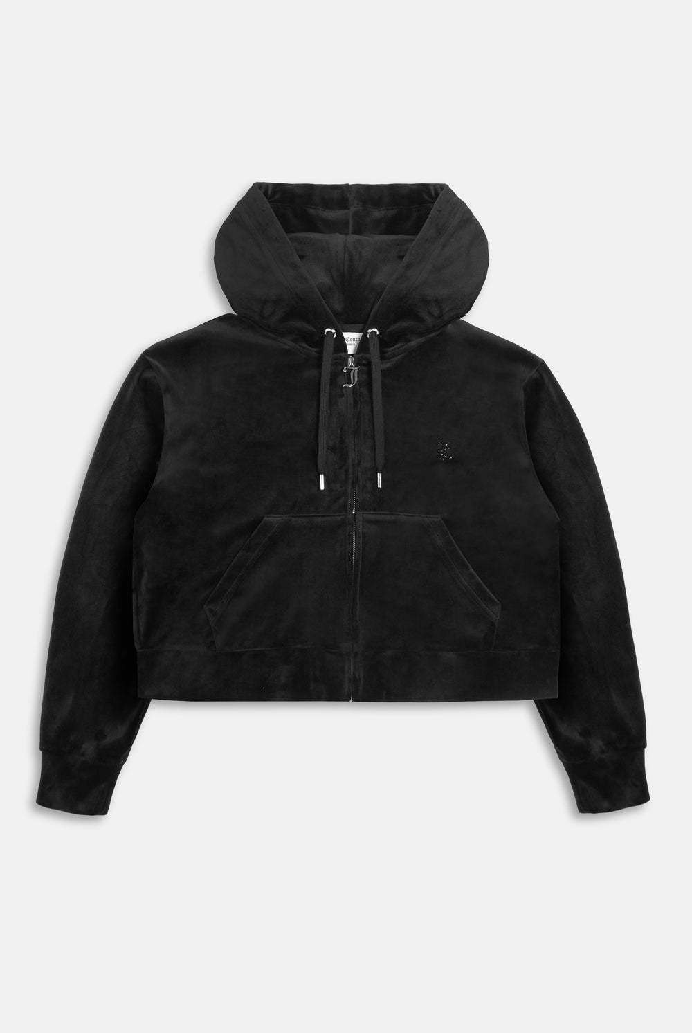 Displays the Black outline 'Juicy' branded diamanté oversized cropped hoodie 