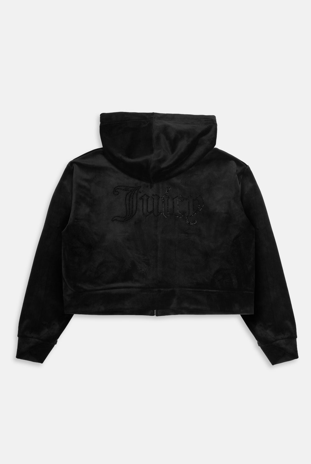 Displays the Black outline 'Juicy' branded diamanté oversized cropped hoodie 