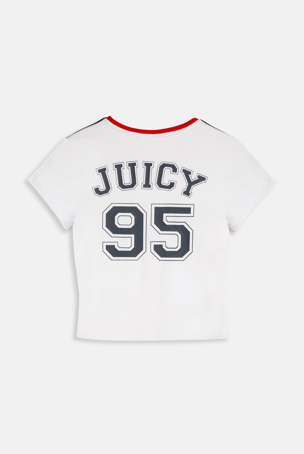 Displays the White 'Juicy' branded Juicy Wag V Neck T-Shirt featuring the juicy 95 branding 