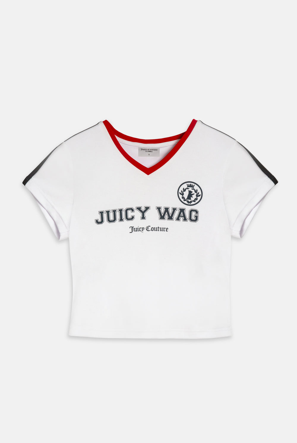 Displays the White 'Juicy' branded Juicy Wag V Neck T-Shirt featuring juicy wag 