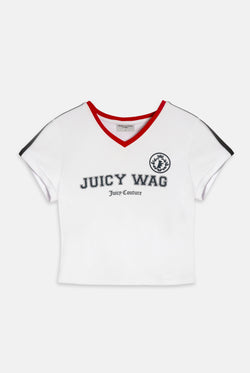 Displays the White 'Juicy' branded Juicy Wag V Neck T-Shirt featuring juicy wag 