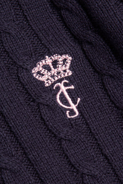 Displays the Night Sky 'Juicy' branded Cable Knit Zip Up Hoodie featuring the juicy branding 