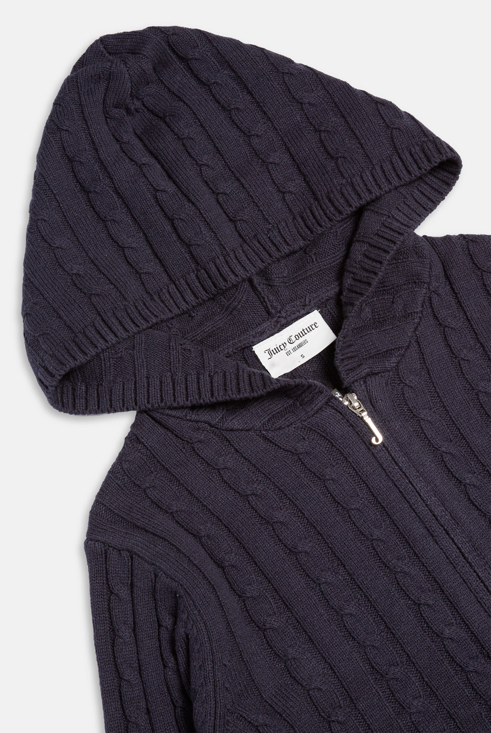 Displays the Night Sky 'Juicy' branded Cable Knit Zip Up Hoodie