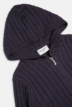 Displays the Night Sky 'Juicy' branded Cable Knit Zip Up Hoodie