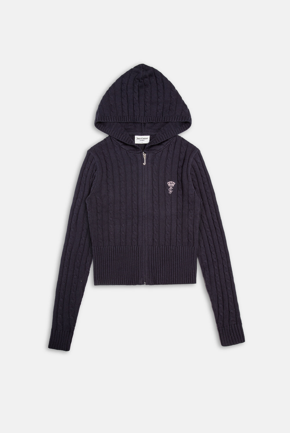 Displays the Night Sky 'Juicy' branded Cable Knit Zip Up Hoodie