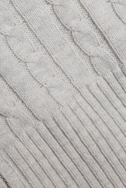 Displays the Silver Marl 'Juicy' branded Cable Knit Zip Up Hoodie featuring the close up on the details