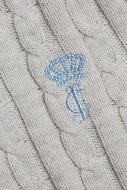Displays the Silver Marl 'Juicy' branded Cable Knit Zip Up Hoodie featuring the juicy branding 