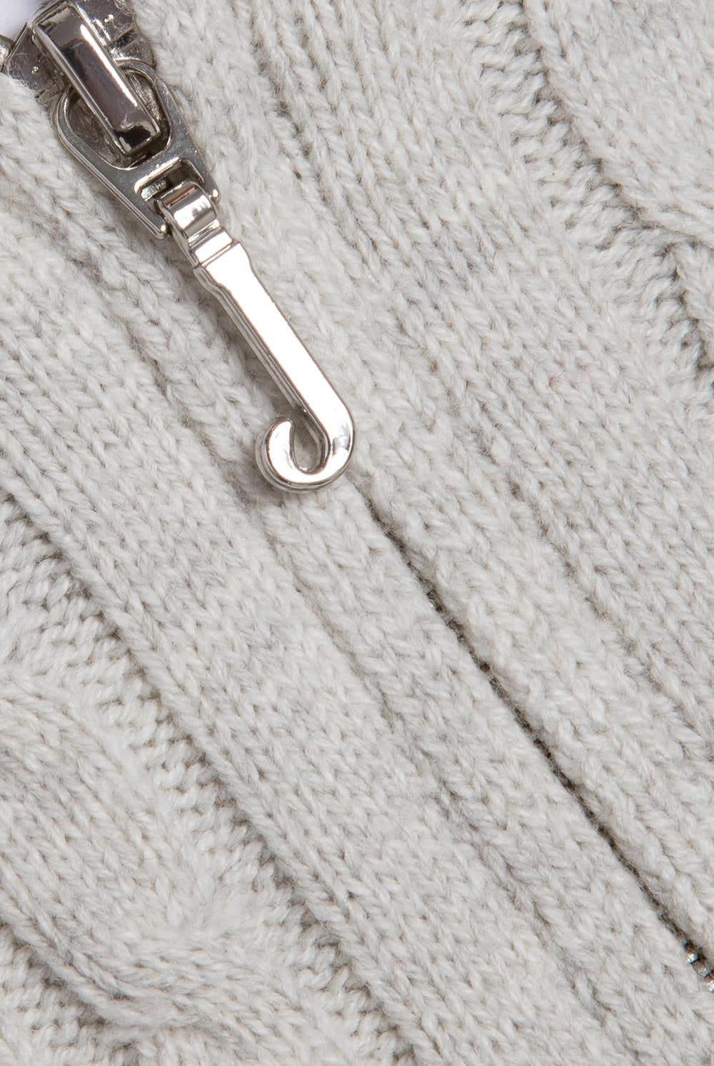 Displays the Silver Marl 'Juicy' branded Cable Knit Zip Up Hoodie featuring the juicy branding on the zip 