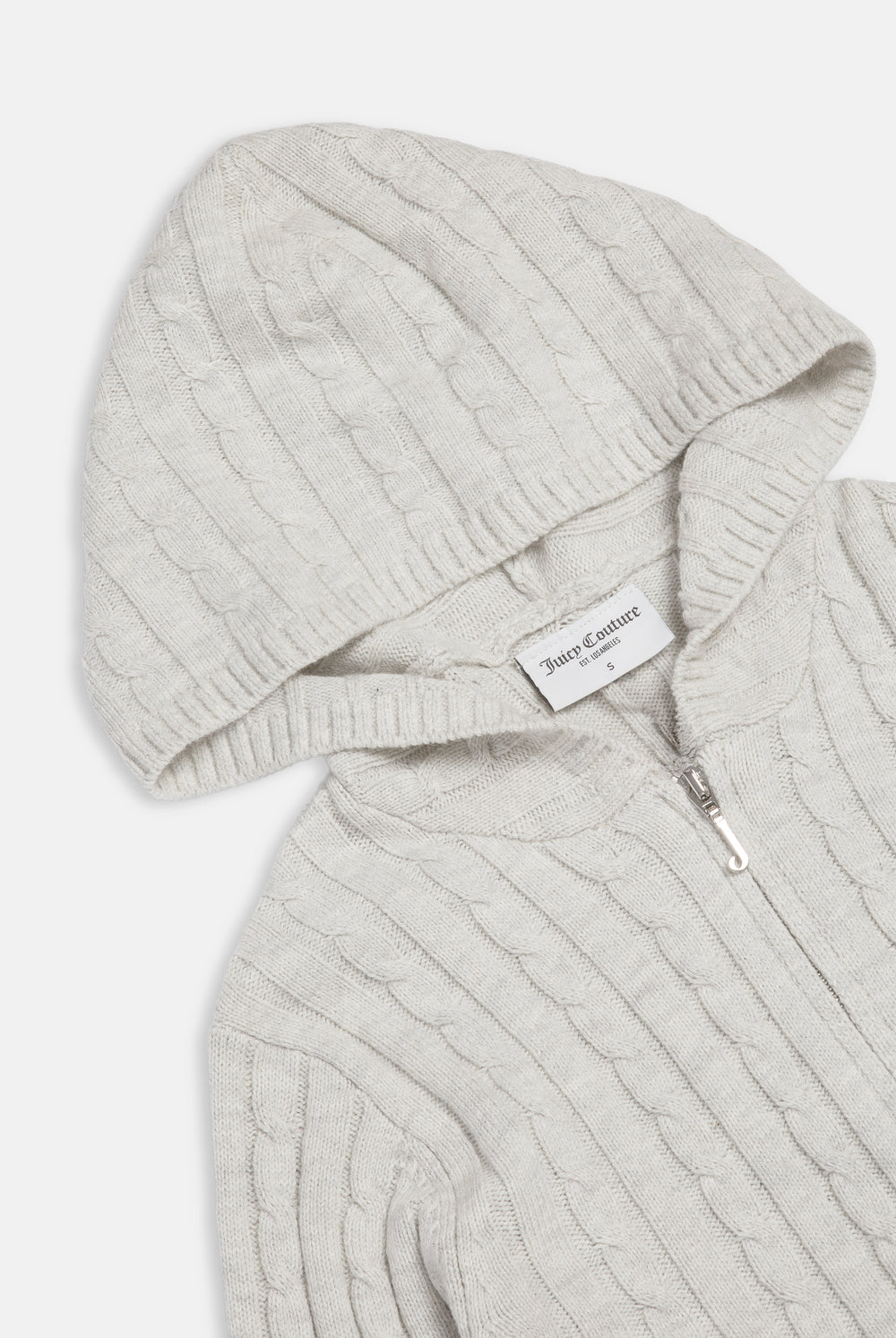 Displays the Silver Marl 'Juicy' branded Cable Knit Zip Up Hoodie