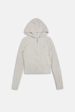 Displays the Silver Marl 'Juicy' branded Cable Knit Zip Up Hoodie