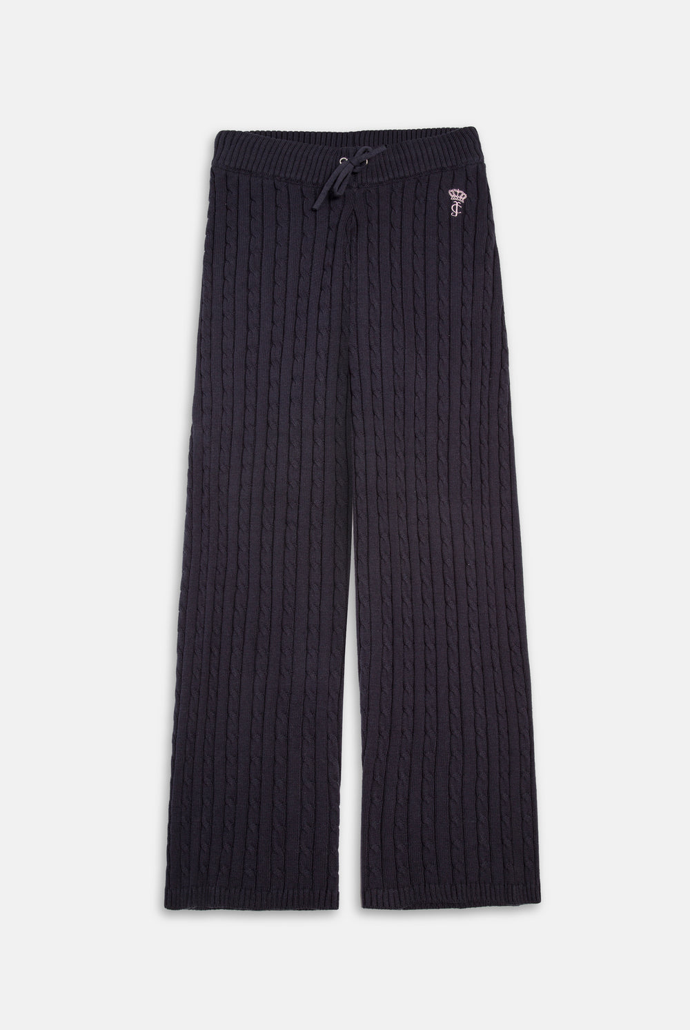 Displays the Night Sky 'Juicy' branded Cable Knit Straight Leg Pants