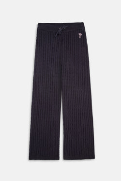 Displays the Night Sky 'Juicy' branded Cable Knit Straight Leg Pants