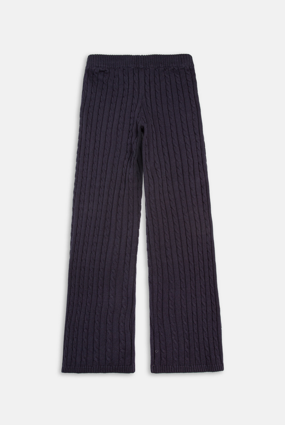 Displays the Night Sky 'Juicy' branded Cable Knit Straight Leg Pants