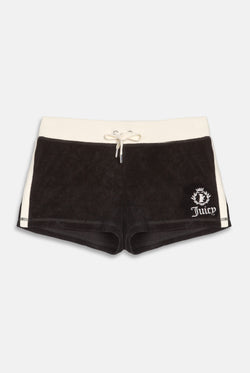 Displays the Black Appliqué 'Juicy' branded  Terry booty shorts 