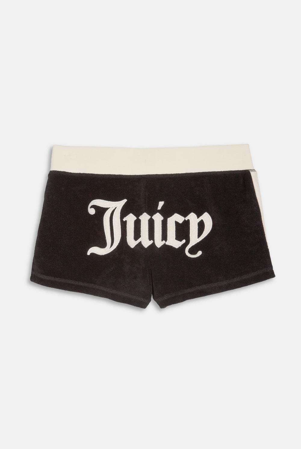 Displays the Black Appliqué 'Juicy' branded Terry booty shorts featuring the juicy branding 