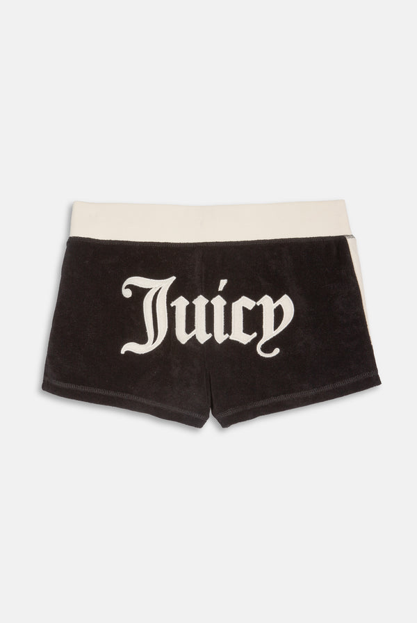 Displays the Black Appliqué 'Juicy' branded Terry booty shorts featuring the juicy branding 