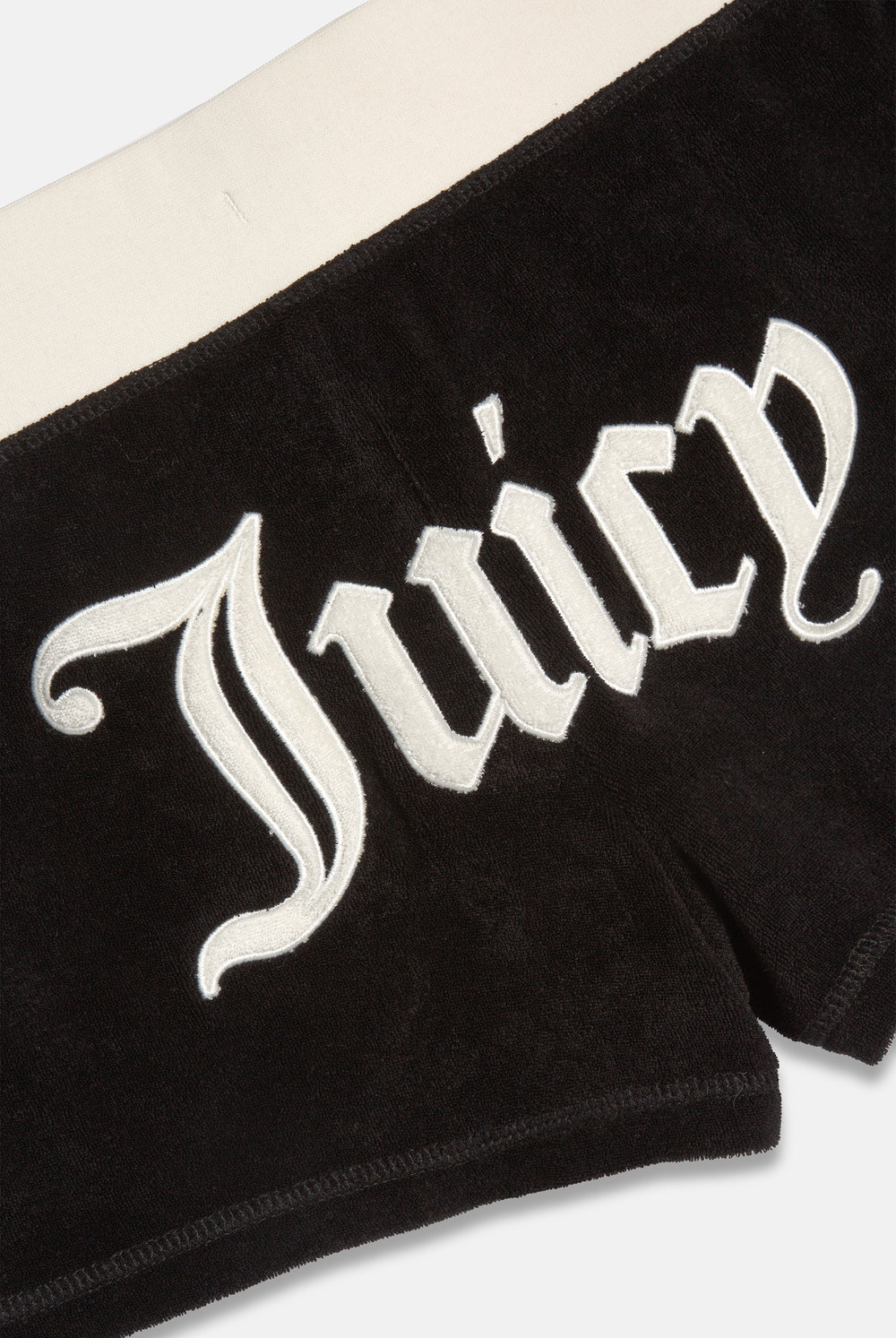 Displays the Black Appliqué 'Juicy' branded  Terry booty shorts featuring juicy branding 