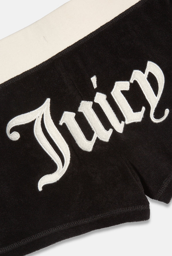 Displays the Black Appliqué 'Juicy' branded  Terry booty shorts featuring juicy branding 