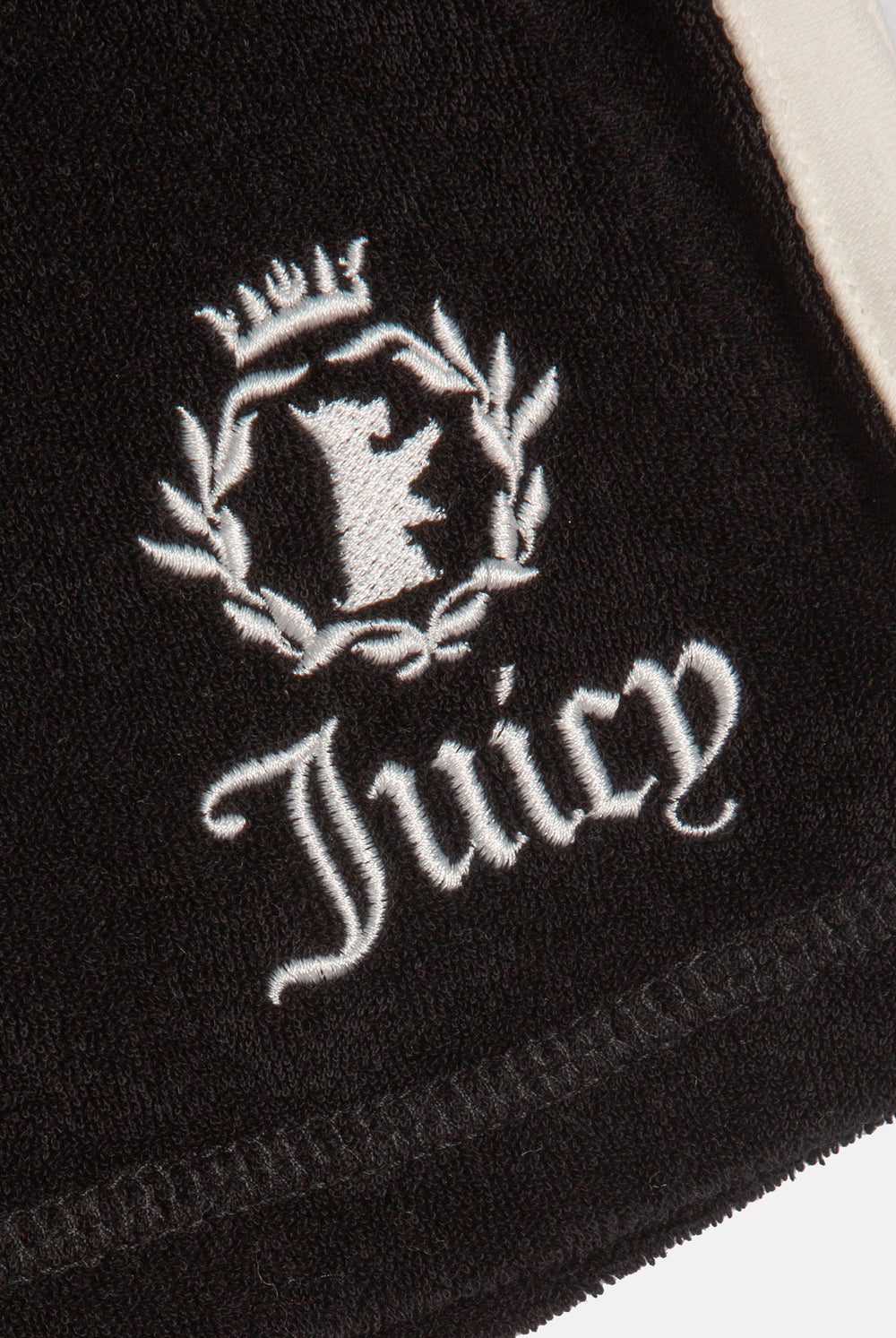Displays the Black Appliqué 'Juicy' branded  Terry booty shorts featuring the juicy branding 