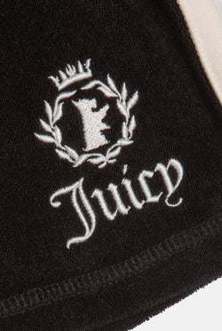 Displays the Black Appliqué 'Juicy' branded  Terry booty shorts featuring the juicy branding 