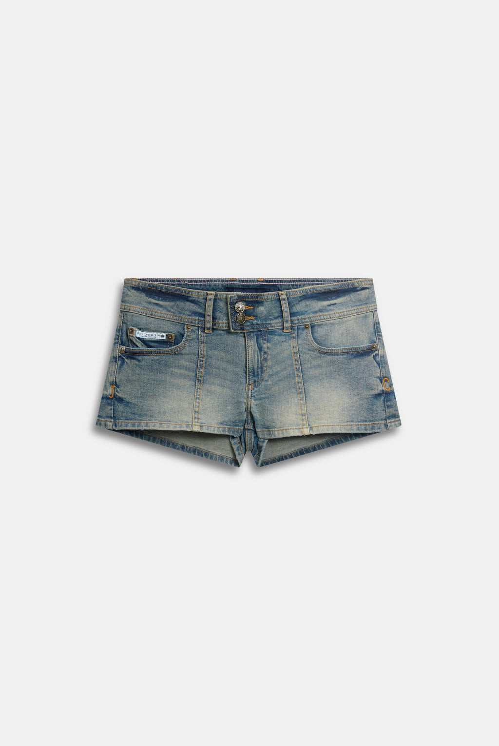 VINTAGE WASH CREST BOOTY DENIM SHORTS