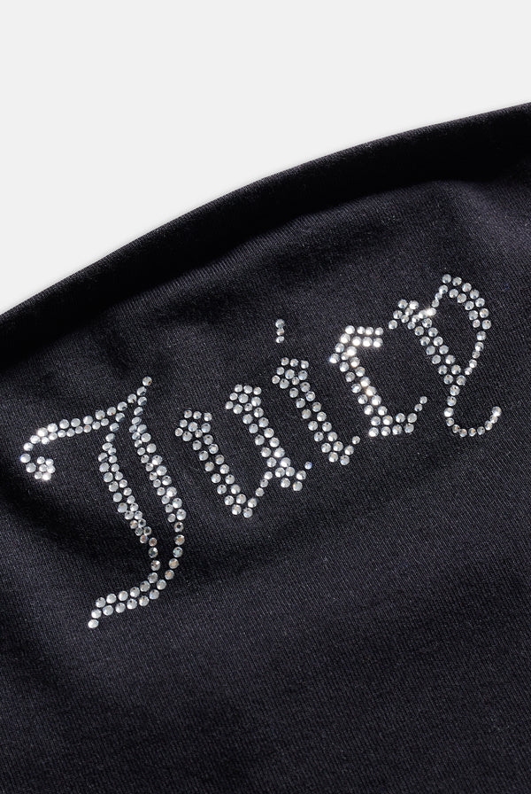Displays the Black Diamanté jersey long bandeau top featuring the juicy branding 