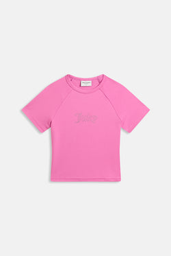 Displays the Super pink 'Juicy' branded raglan diamanté baby tee 