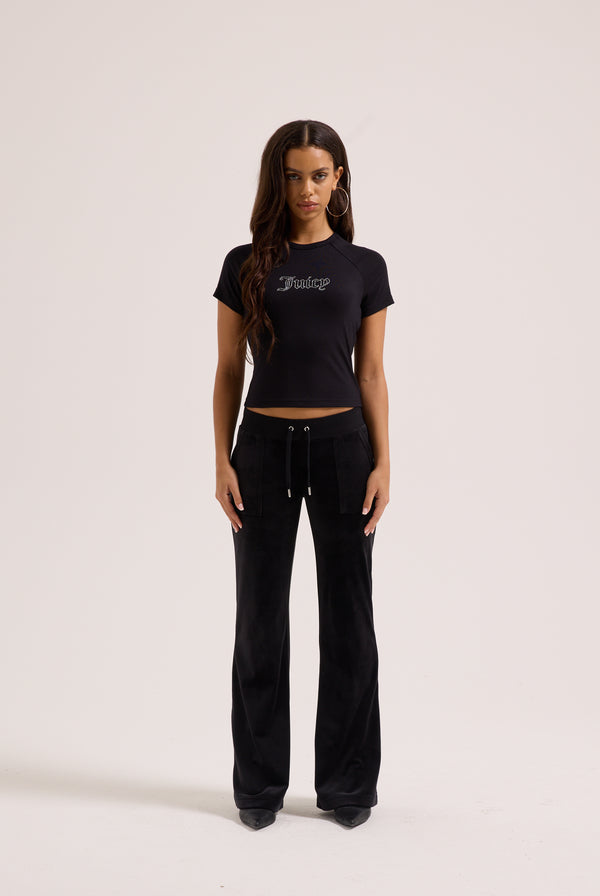 Displays a model wearing the Black 'Juicy' branded raglan diamanté baby tee 