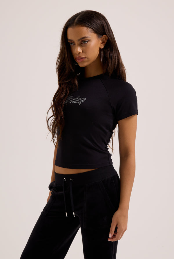 Displays a model wearing the Black 'Juicy' branded raglan diamanté baby tee 