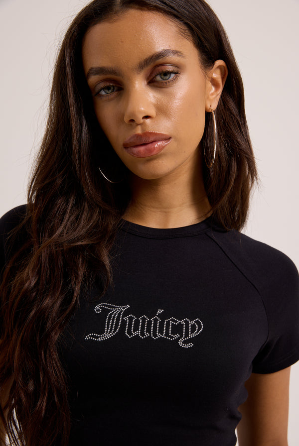 Displays a model wearing the Black 'Juicy' branded raglan diamanté baby tee 
