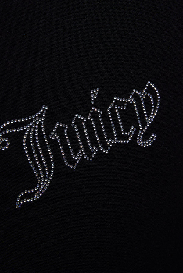 Displays a model wearing the Black 'Juicy' branded raglan diamanté baby tee featuring the juicy branding 
