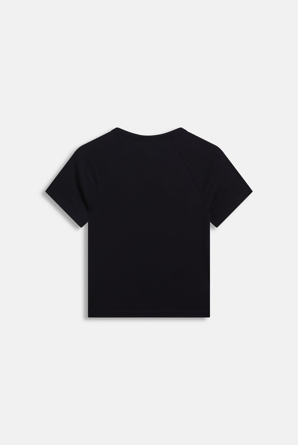 Displays the Black 'Juicy' branded raglan diamanté baby tee 