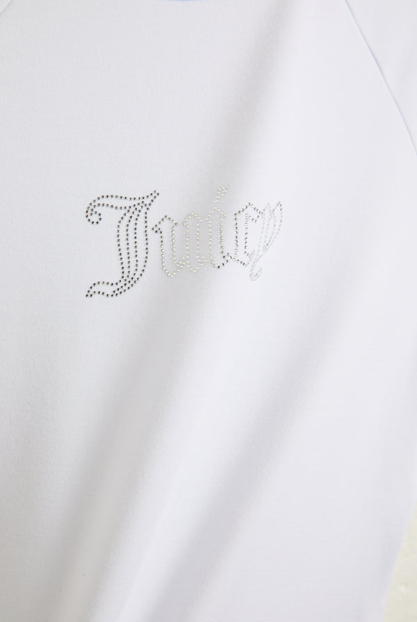 Displays the White raglan 'Juicy' branded diamanté baby tee featuring the juicy branding 