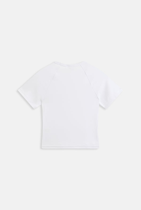 Displays the White raglan 'Juicy' branded diamanté baby tee 
