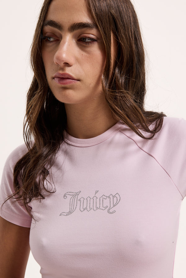 Displays a model wearing the Cherry Blossom raglan 'juicy' branded diamanté baby tee 