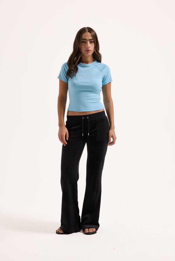 Displays a model wearing the Sky Blue Raglan 'Juicy' branded diamanté baby tee 