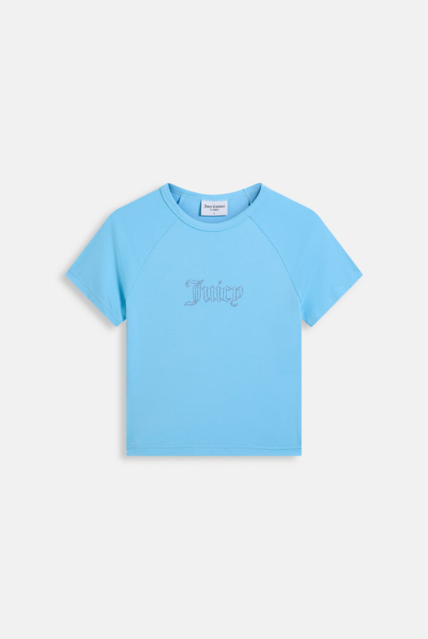 Displays the Sky Blue Raglan 'Juicy' branded diamanté baby tee 