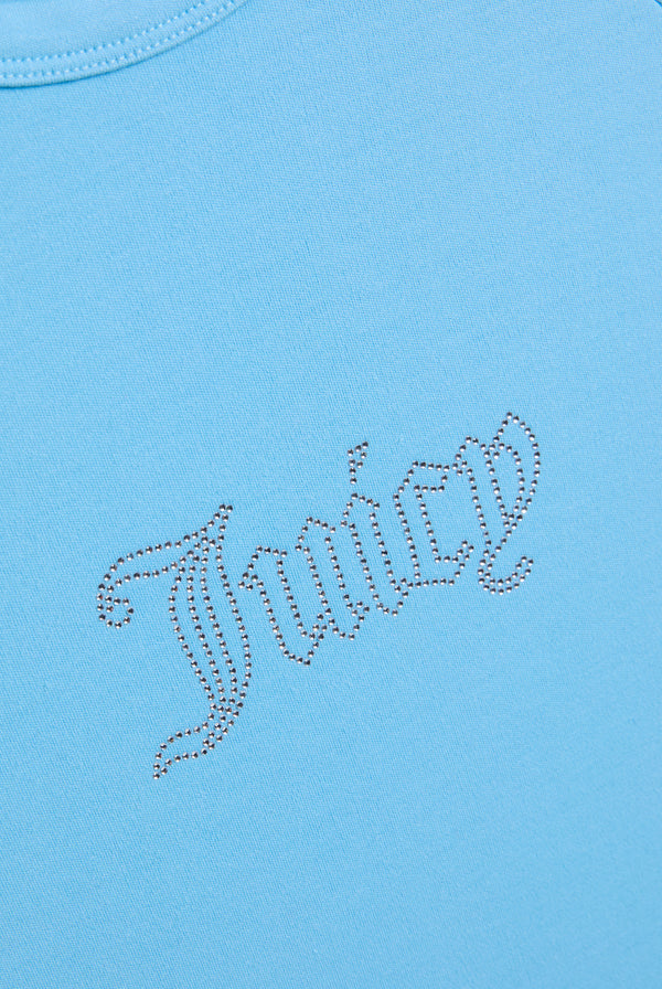 Displays the Sky Blue Raglan 'Juicy' branded diamanté baby tee featuring the juicy branding 