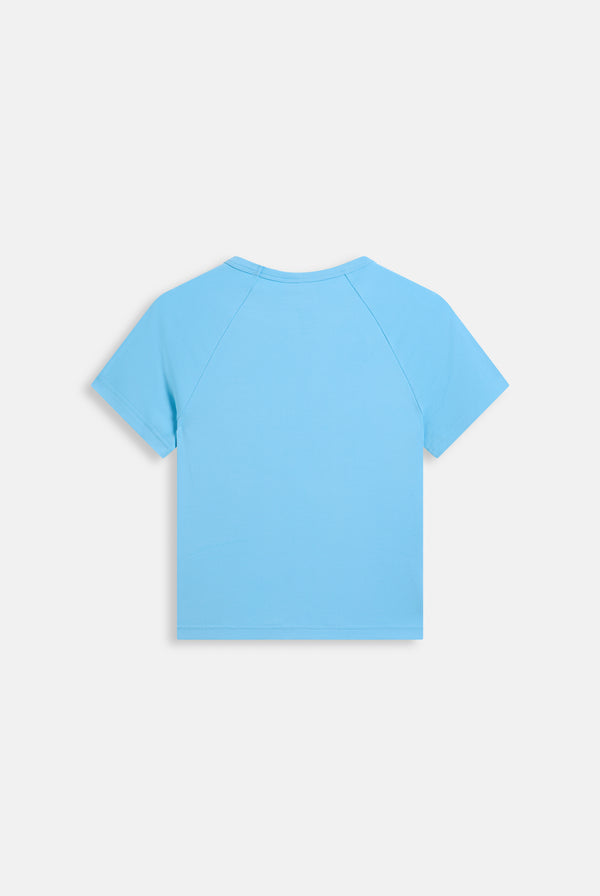 Displays the Sky Blue Raglan 'Juicy' branded diamanté baby tee 