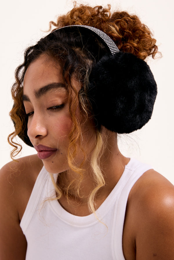 BLACK DIAMANTÉ FAUX FUR  EAR MUFFS